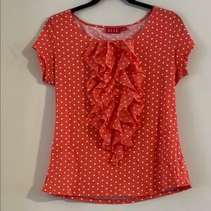 Elle Chic Coral Polka Dot Ruffle Top Size M